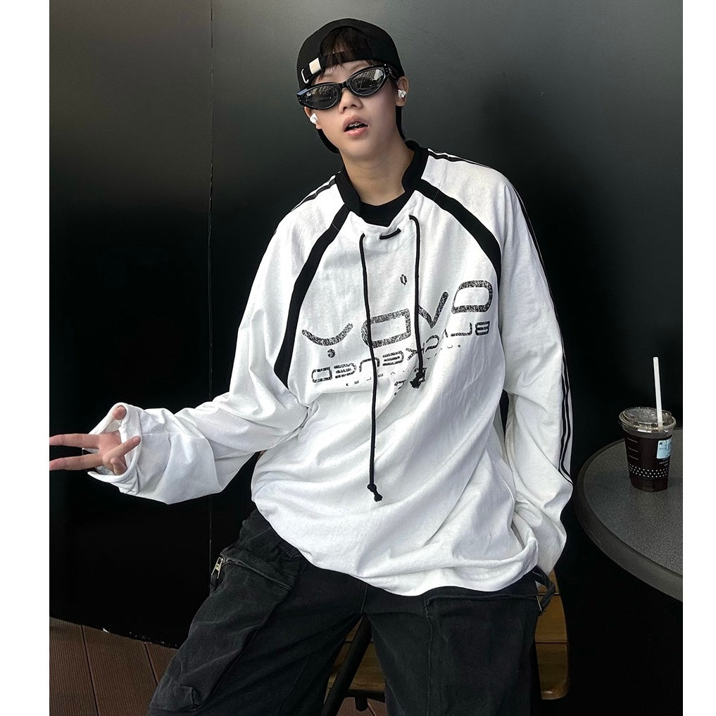 Drawstring Small Collar Long Sleeve T-shirt MB7136