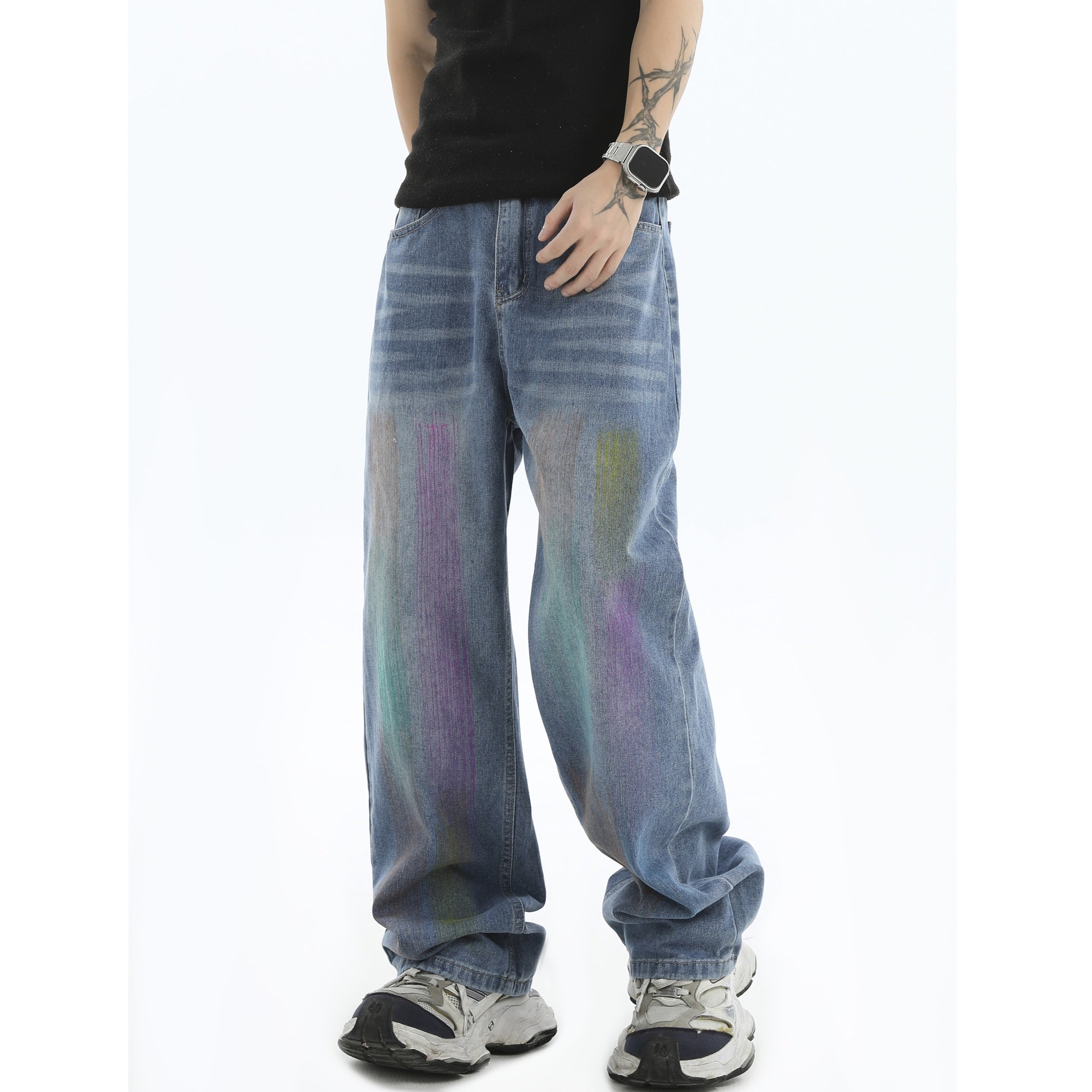 Painted Graffiti Washed Loose Straight Jeans IN7043