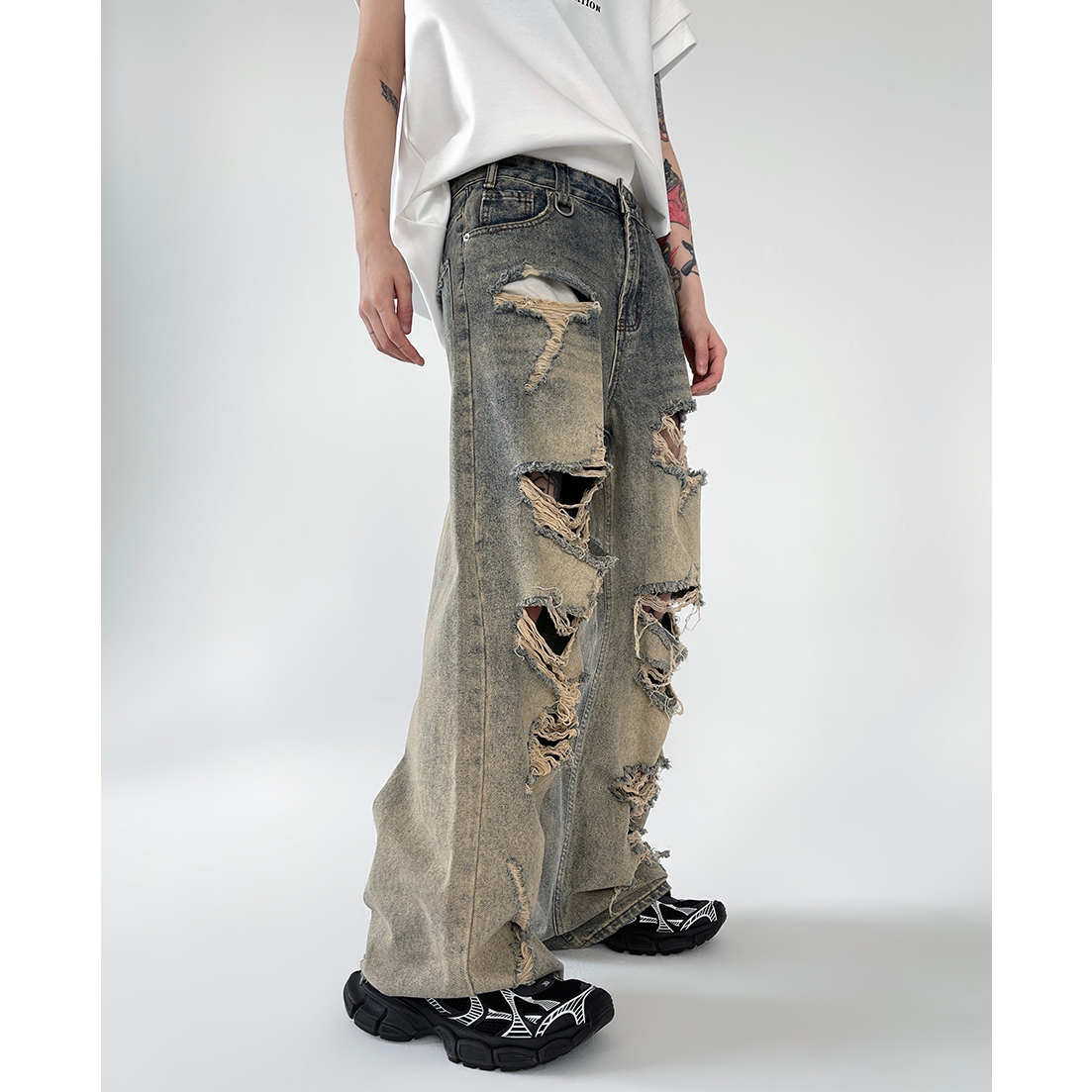 Wash Distressed Yellow Clay Ripped Loose Jeans EAT023