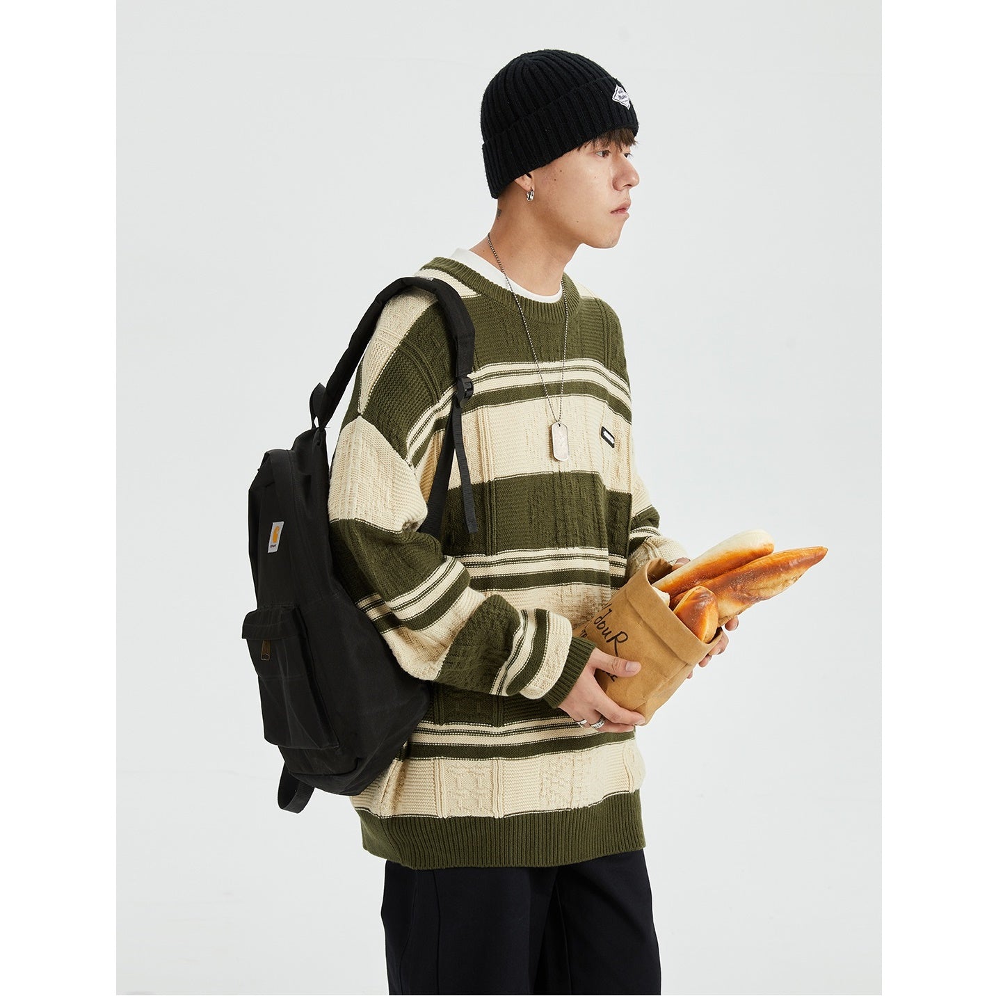 Contrasting Border Crewneck Loose Sweater MB7114