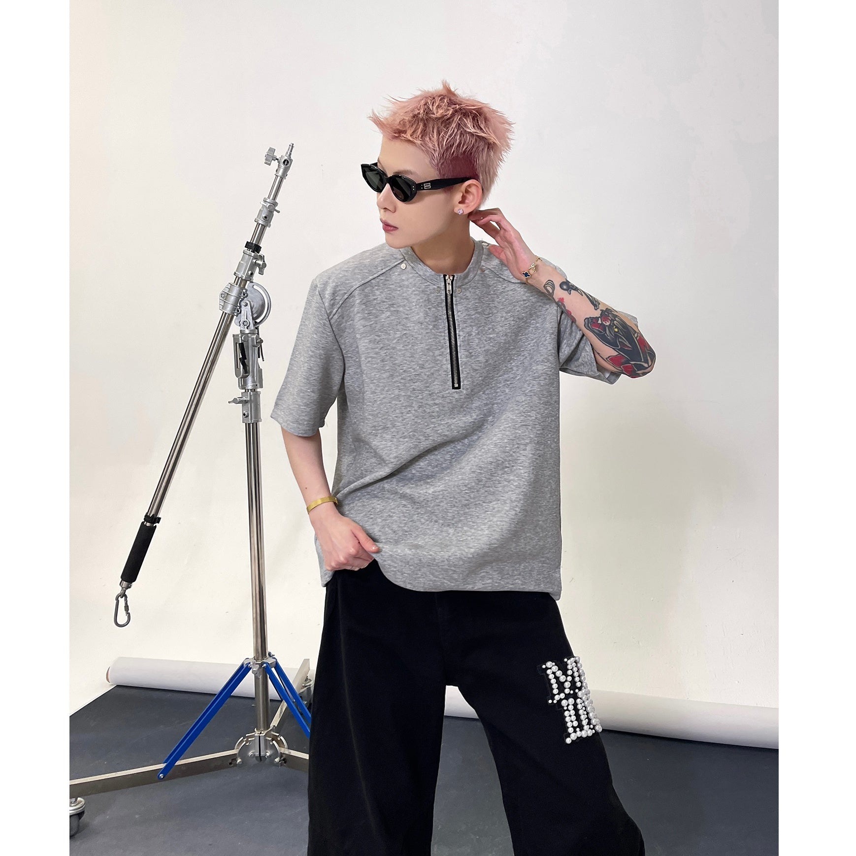 Half Zipper Rivet Design T-Shirt EAT140
