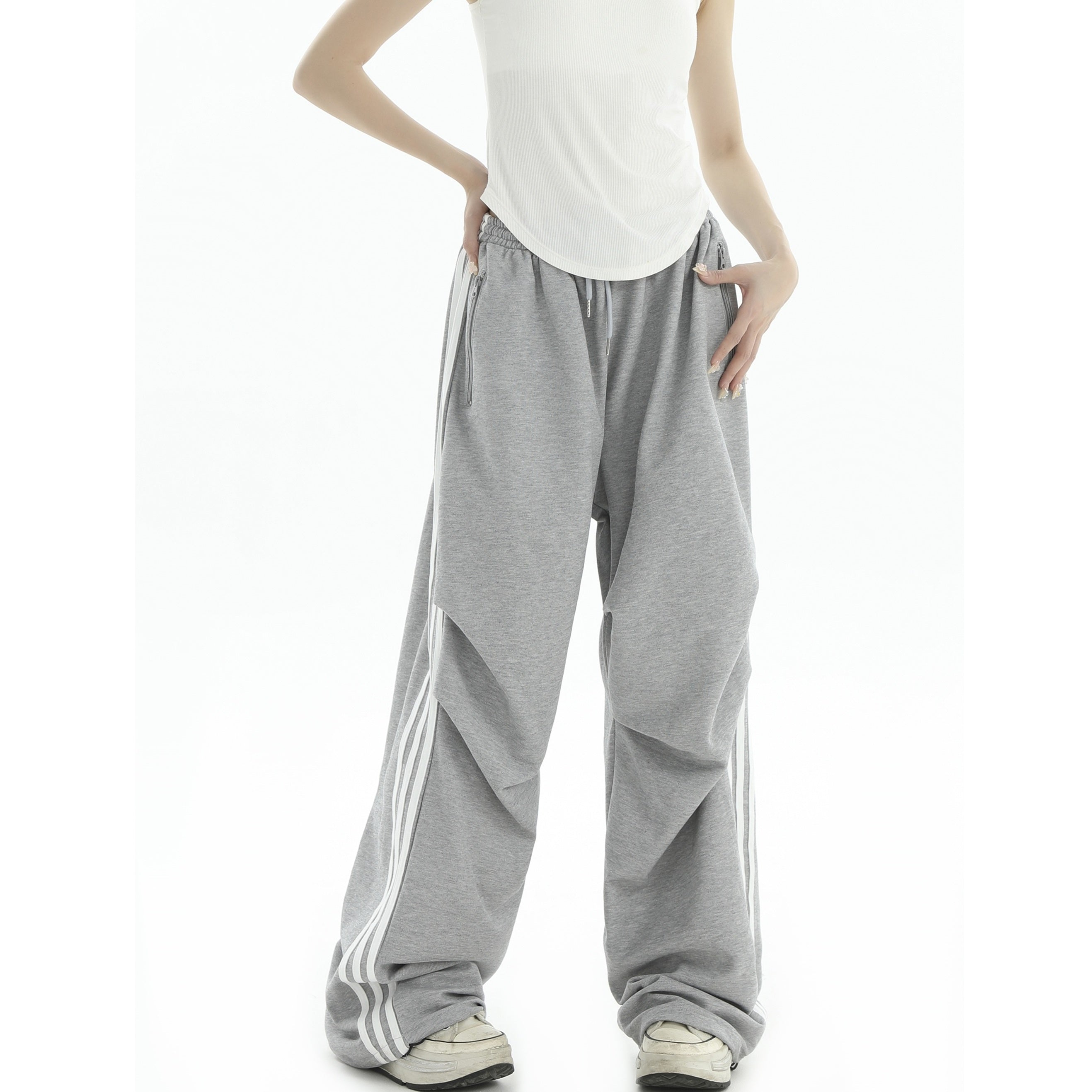 Pleated Three-Bar Loose Track Pants IN7002