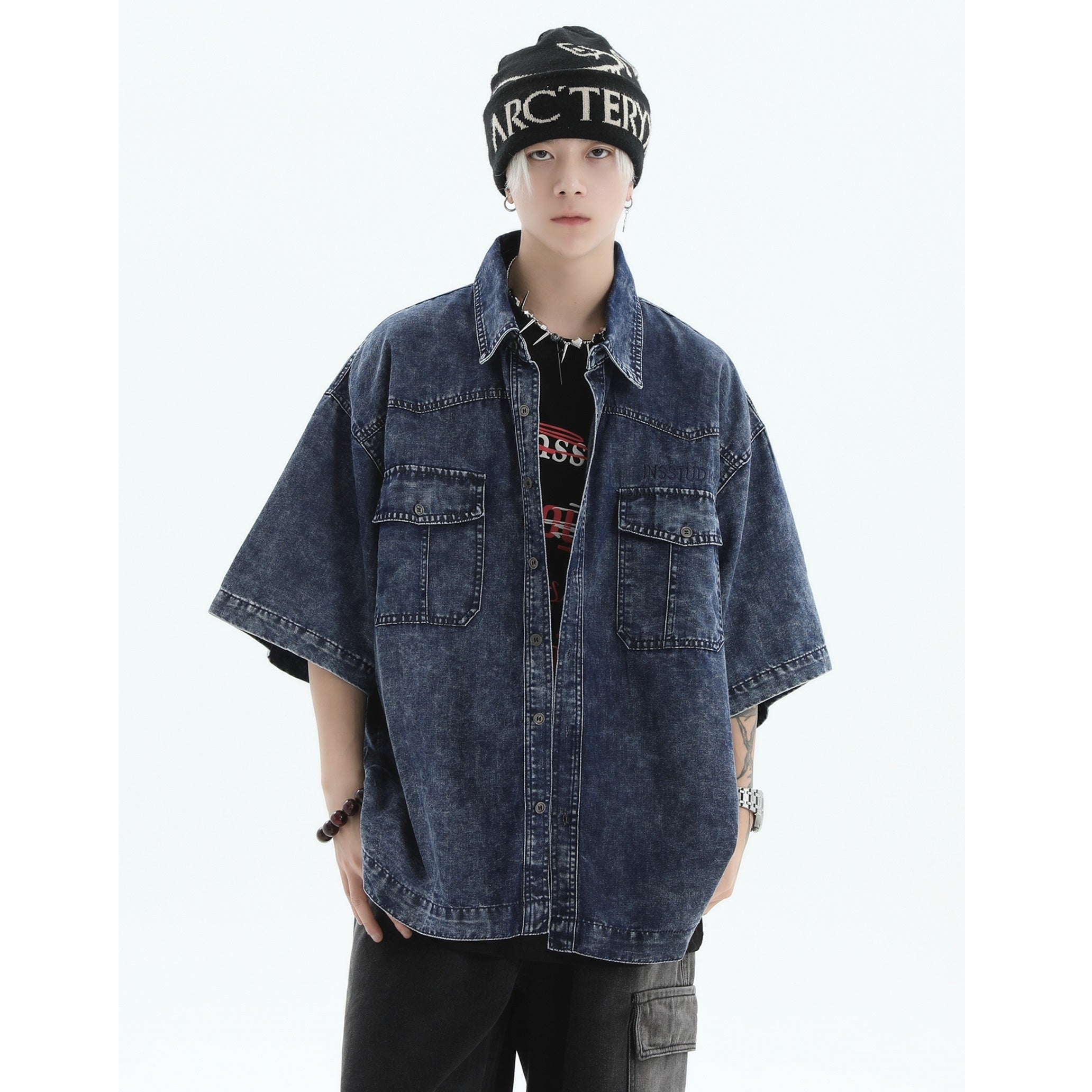 Embroidered Logo Loose Wash Denim Shirt IN7027