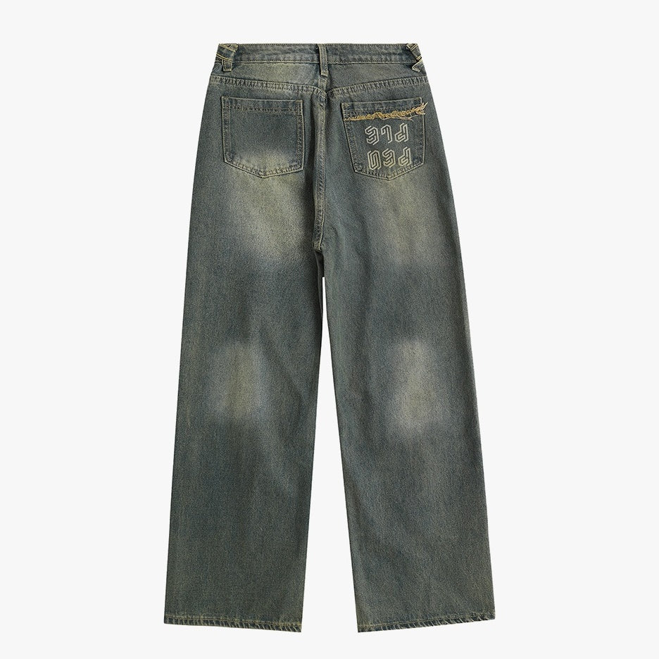 Stitched Washed Loose Straight Jeans IN7056