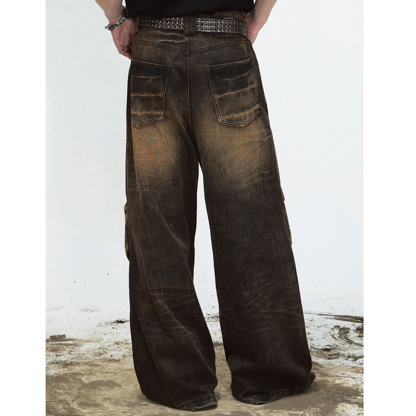 Yellow Mud Dyed Lightning Crack Wide-leg Jeans MB7026