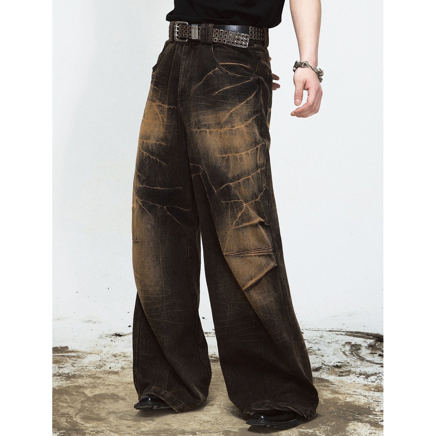 Yellow Mud Dyed Lightning Crack Wide-leg Jeans MB7026