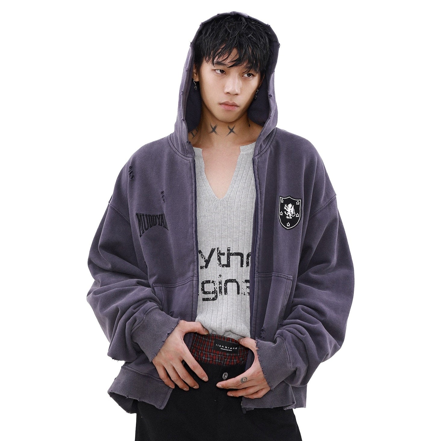 Street Distressed Sweat Zip-Up Hooded Parka MB7189