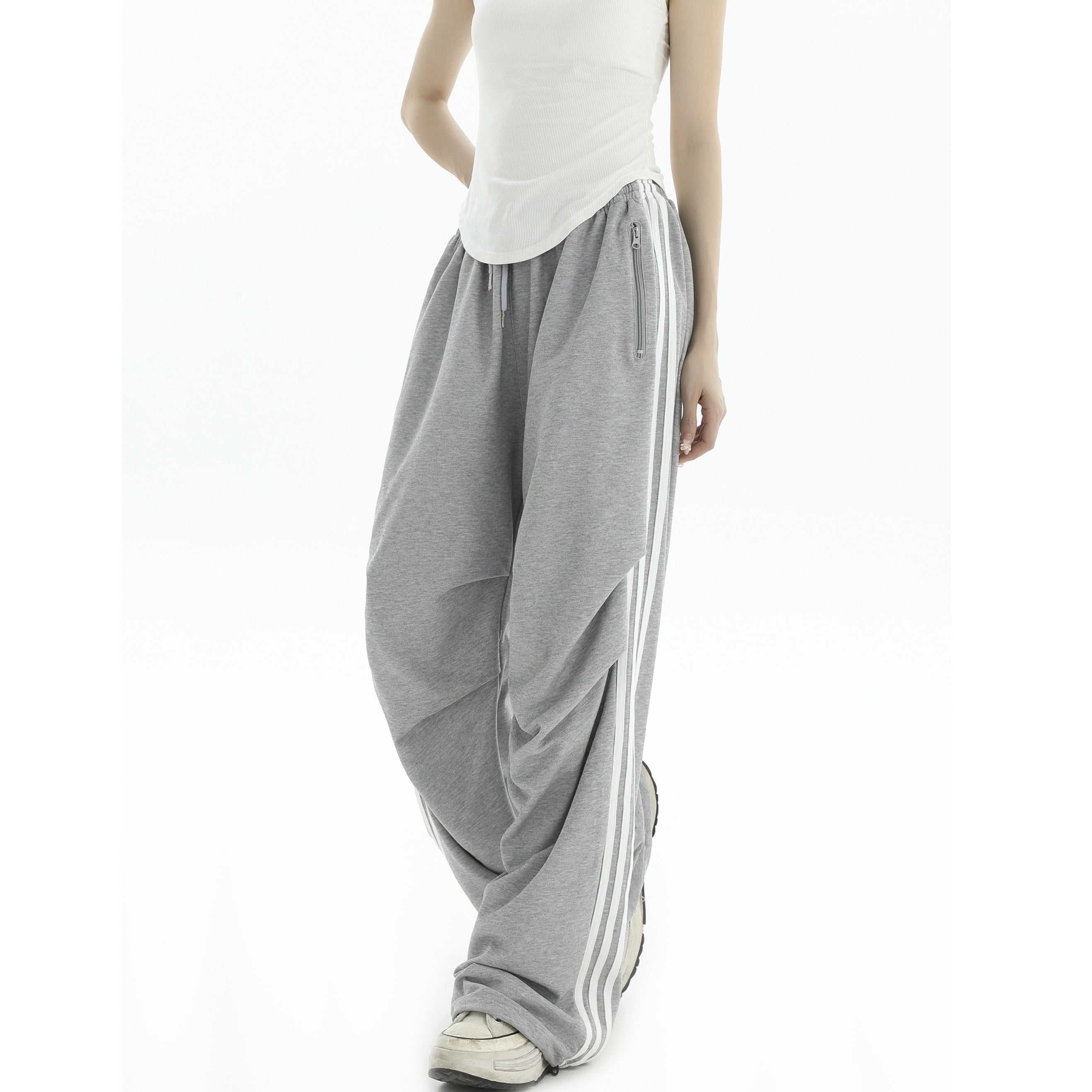 Pleated Three-Bar Loose Track Pants IN7002