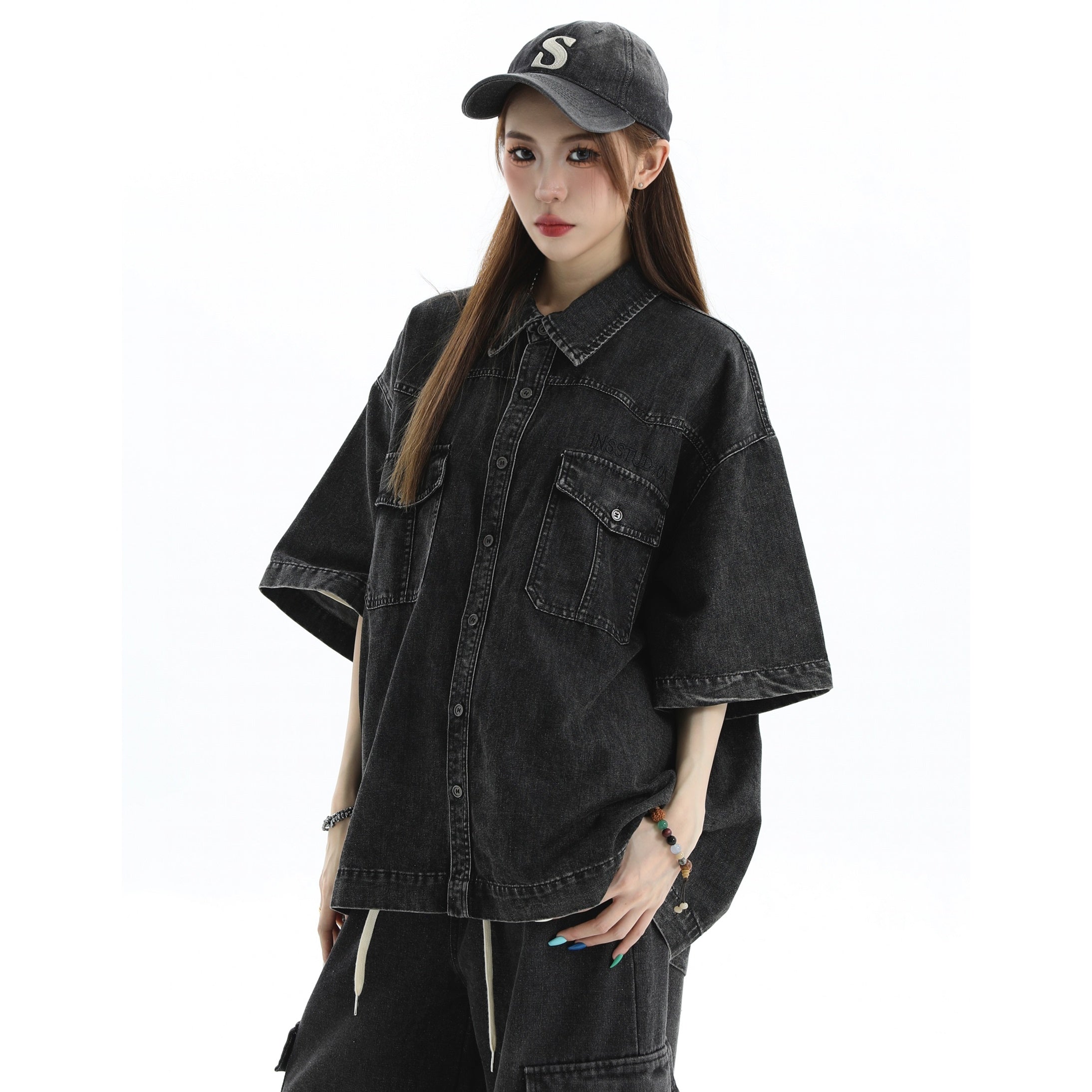 Embroidered Logo Loose Wash Denim Shirt IN7027