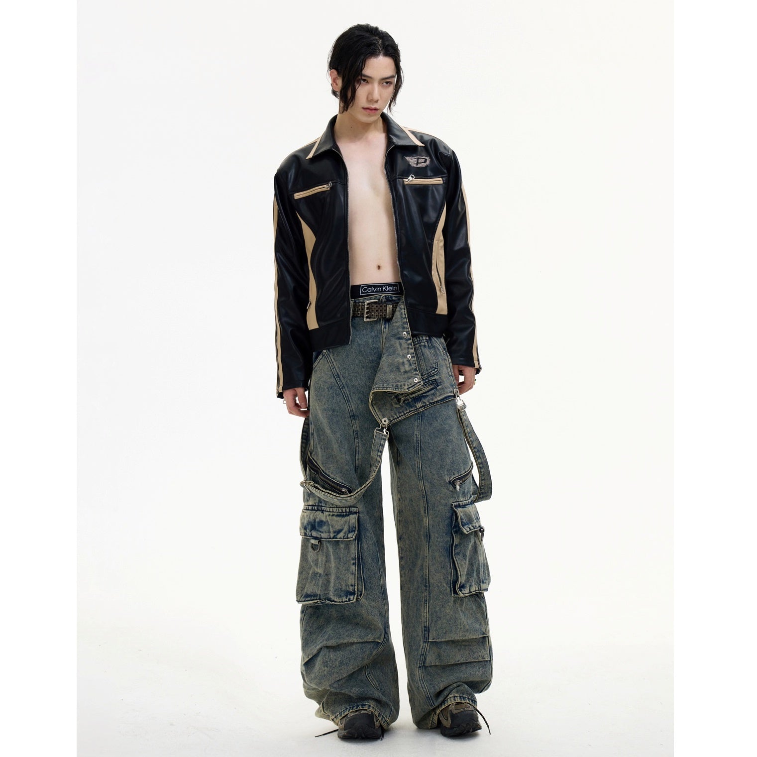 Detachable Strap Washed Cargo Jeans MB7030