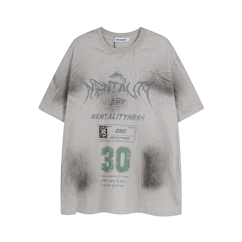 Washed Distressed Letter Print T-Shirt MR035