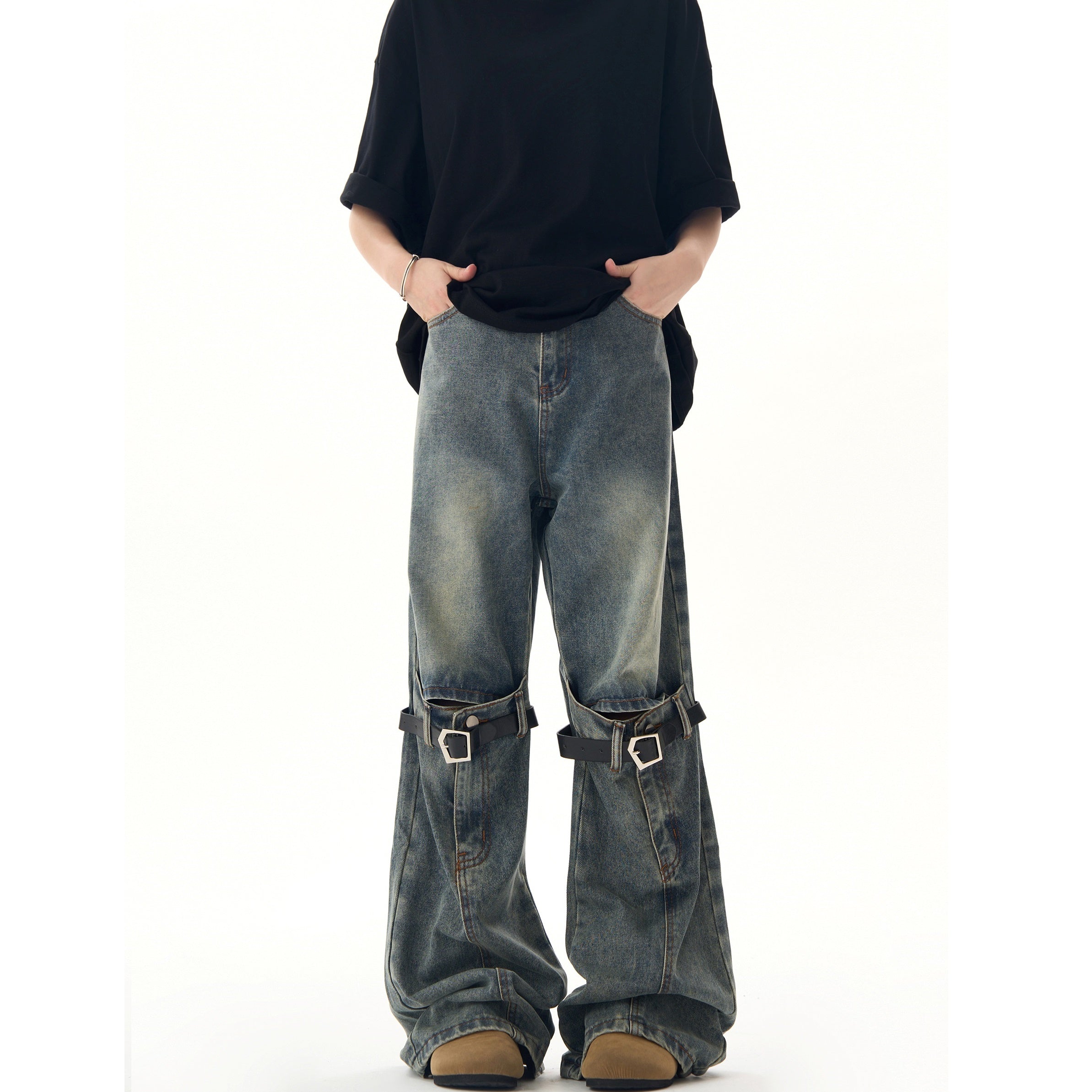 Knee Belt Stitching Design Distressed Bootcut Jeans MB7221