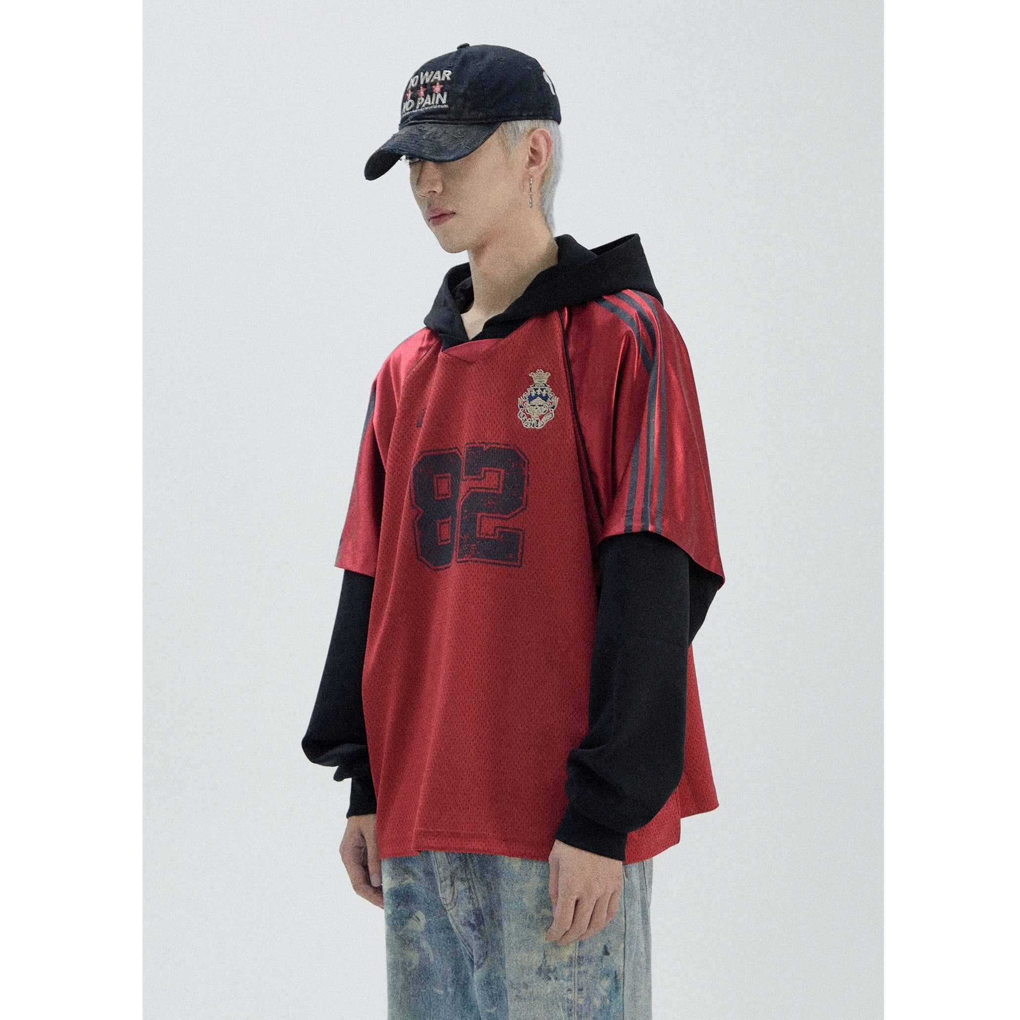 Football Letter Print Fake Layered Hooded Top MB7072