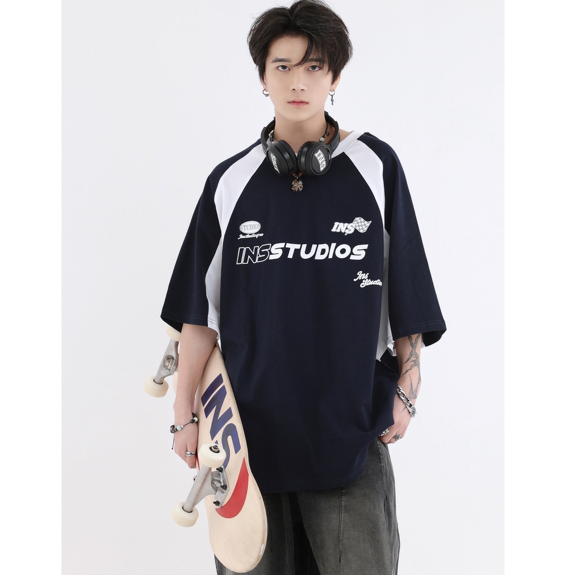 Contrast Color Raglan Sleeve Racing Design T-shirt IN7006