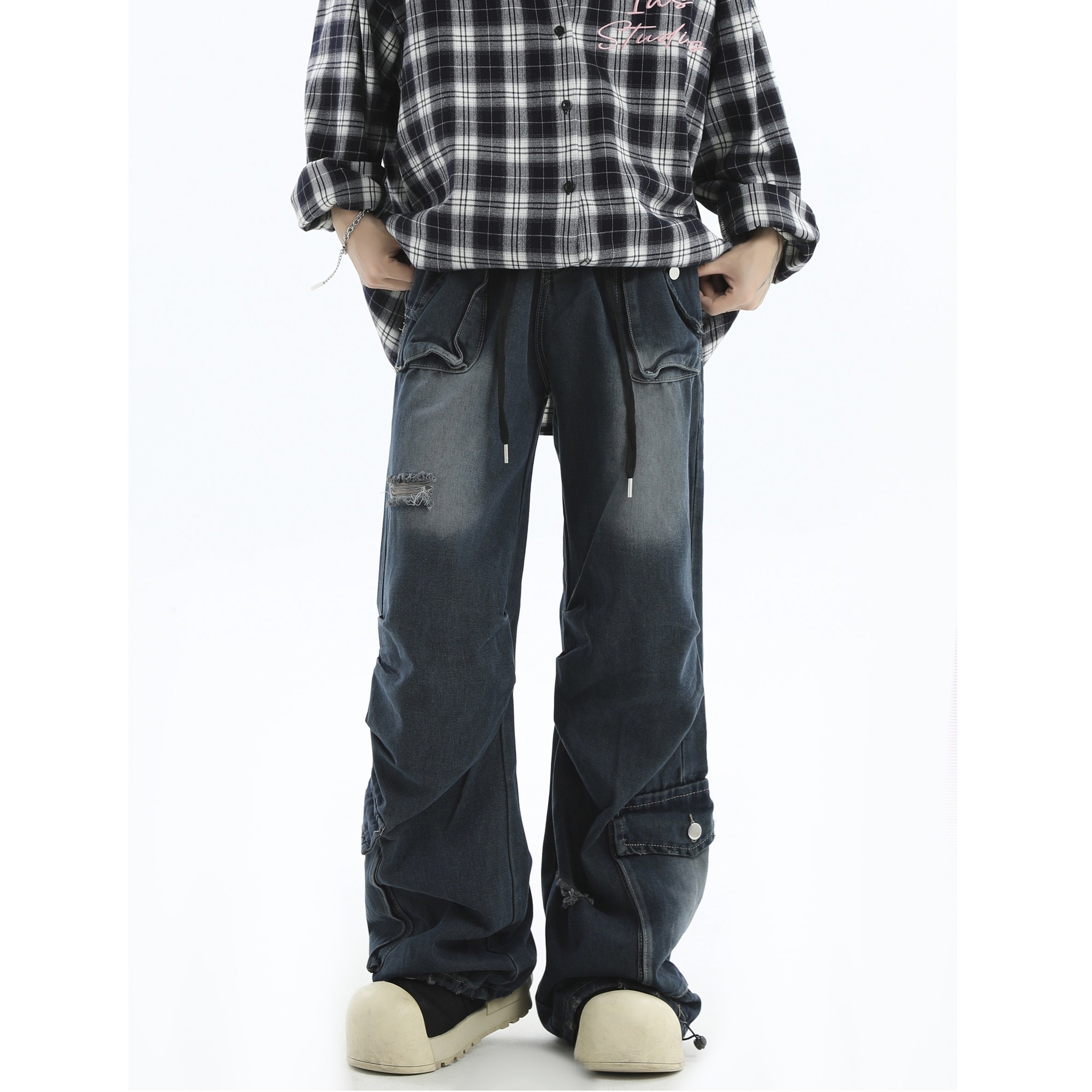 Pleated Washed Loose Straight Work Jeans IN7053