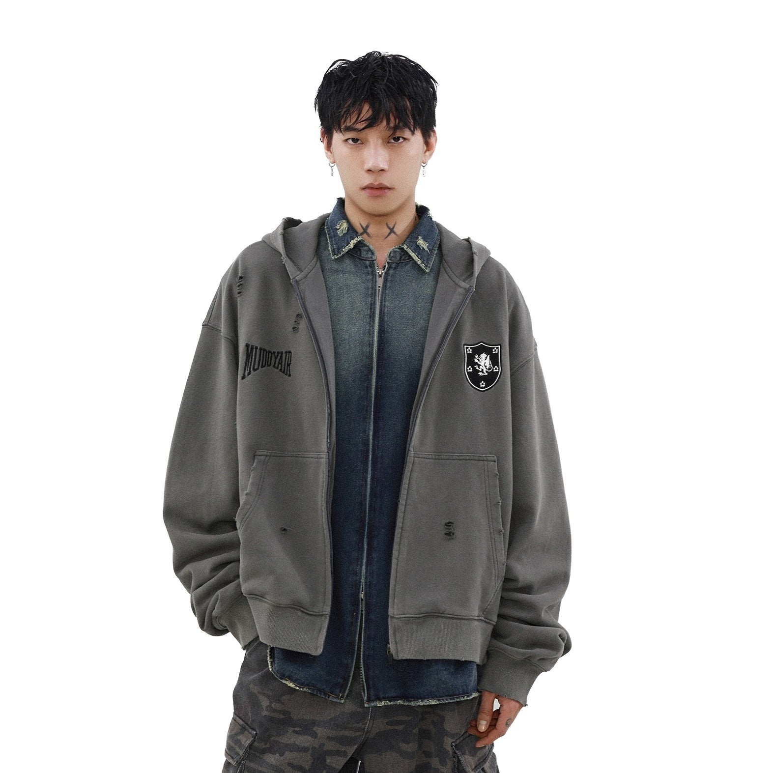 Street Distressed Sweat Zip-Up Hooded Parka MB7189