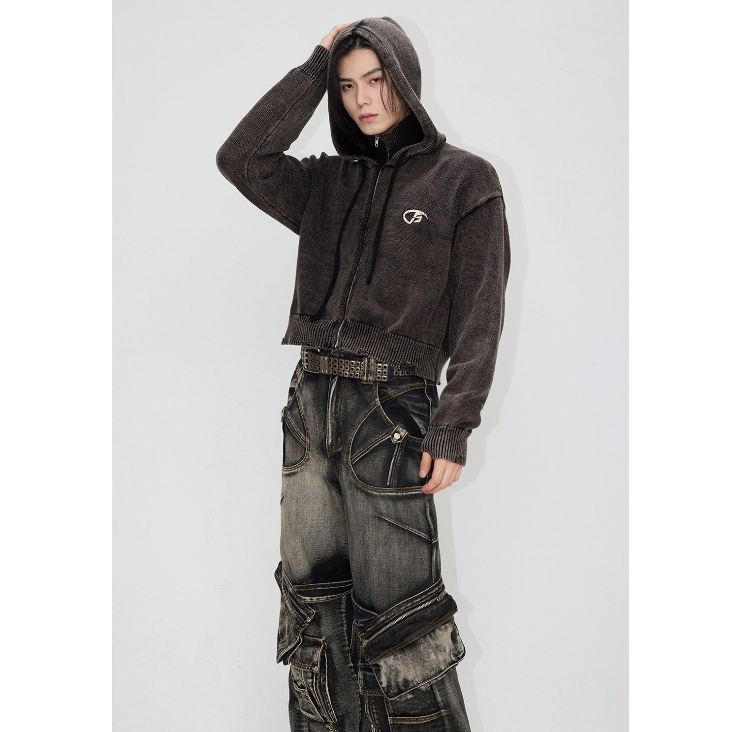 Knitted Jacquard Frayed Cropped Hooded Parka MB7117