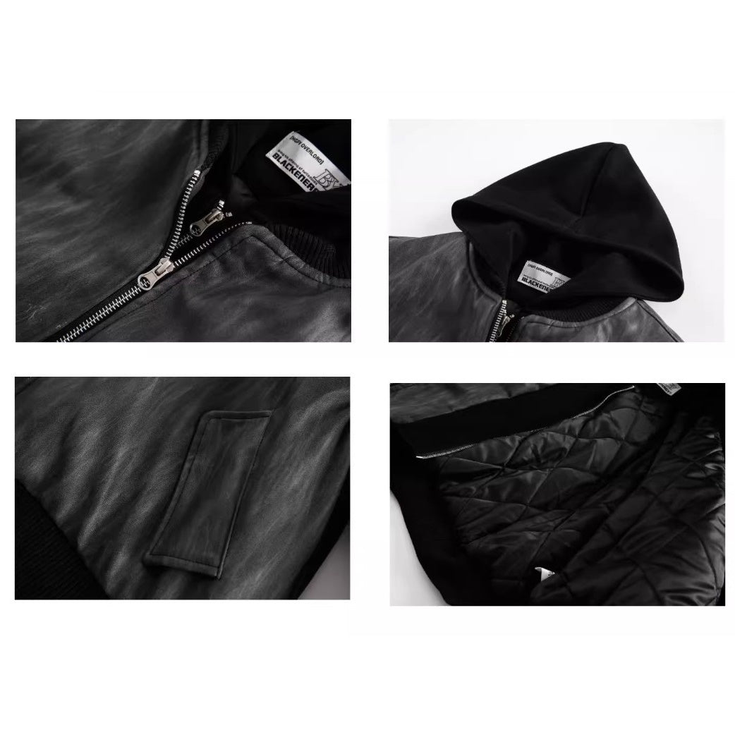 PU Leather Patchwork Hooded Bomber Jacket MB7245