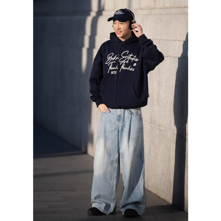 Side Double Pleats Wide Leg Wash Jeans BI2004