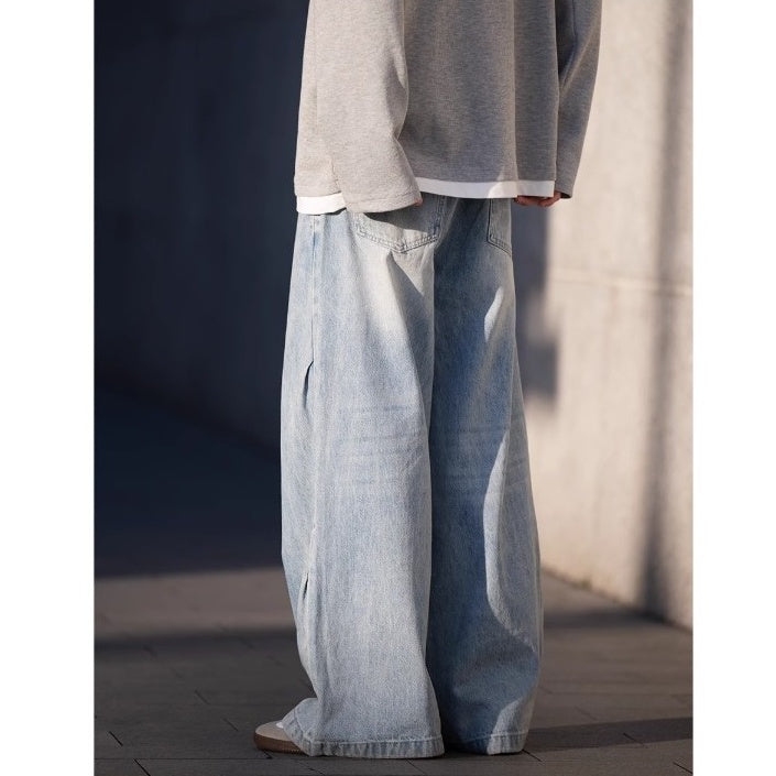 Side Double Pleats Wide Leg Wash Jeans BI2004