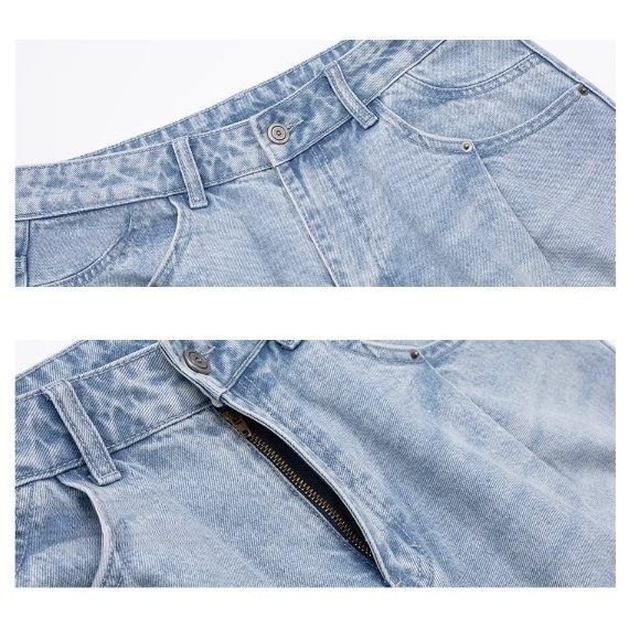 Side Double Pleats Wide Leg Wash Jeans BI2004