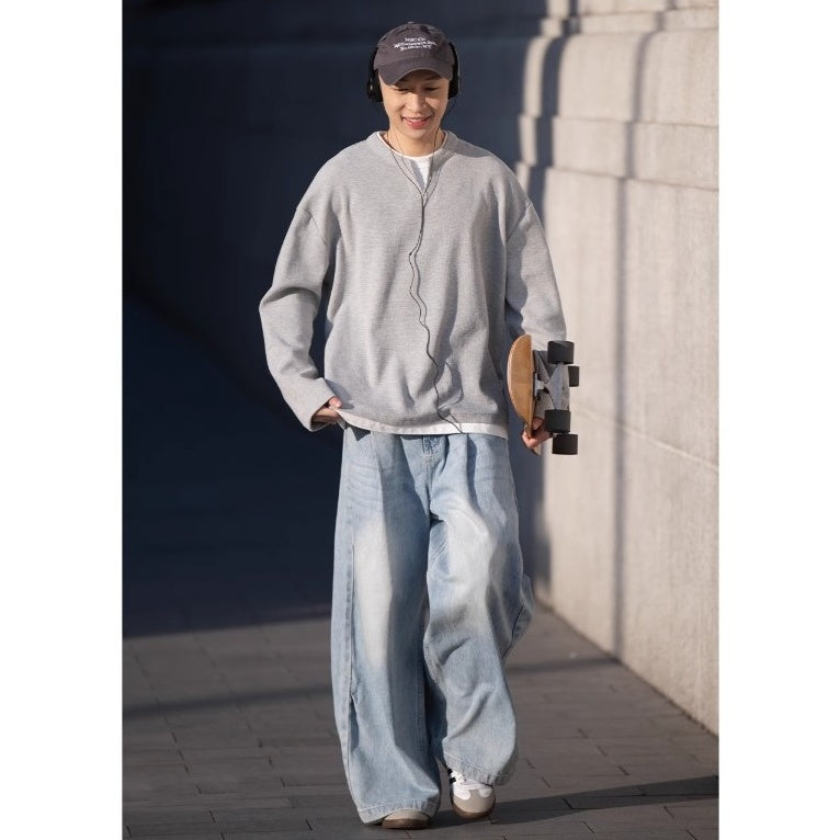 Side Double Pleats Wide Leg Wash Jeans BI2004