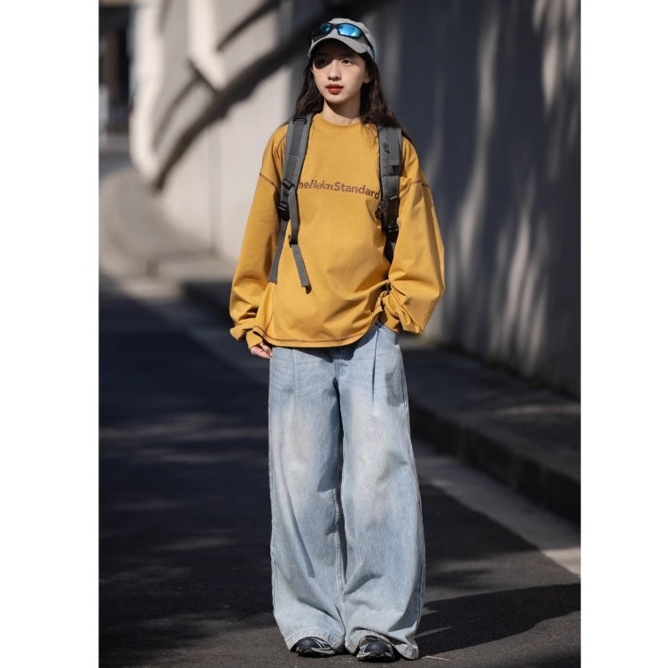 Side Double Pleats Wide Leg Wash Jeans BI2004