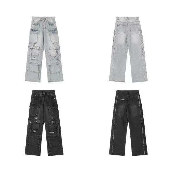 Heavy Washed Ripped Cargo Jeans MB7375