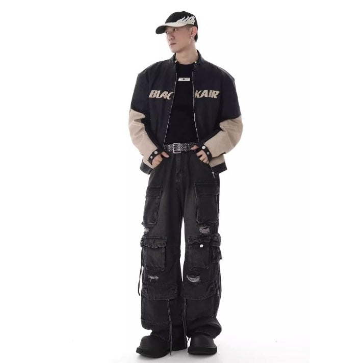 Heavy Washed Ripped Cargo Jeans MB7375