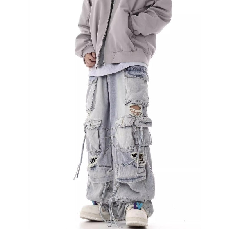 Heavy Washed Ripped Cargo Jeans MB7375