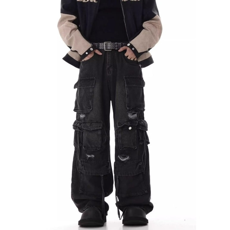 Heavy Washed Ripped Cargo Jeans MB7375