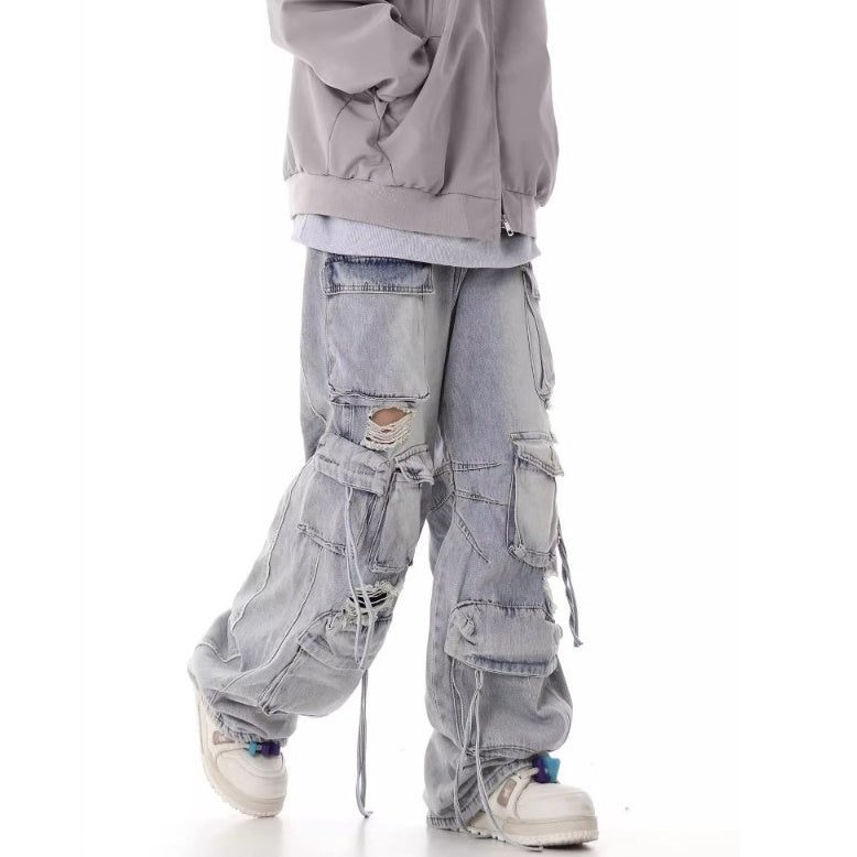 Heavy Washed Ripped Cargo Jeans MB7375