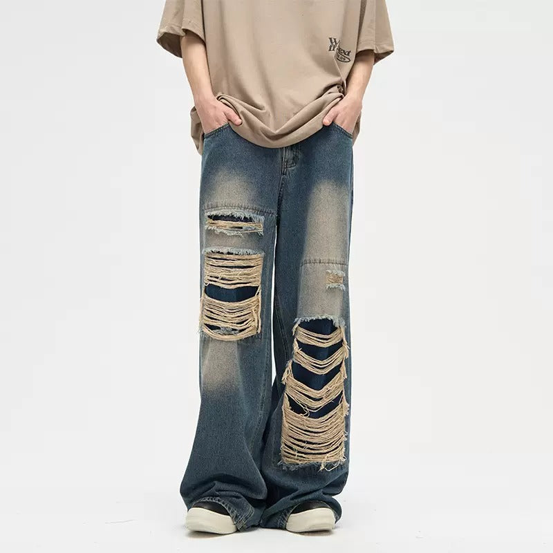 Street Patch Hole Design Loose Straight Jeans MB7003