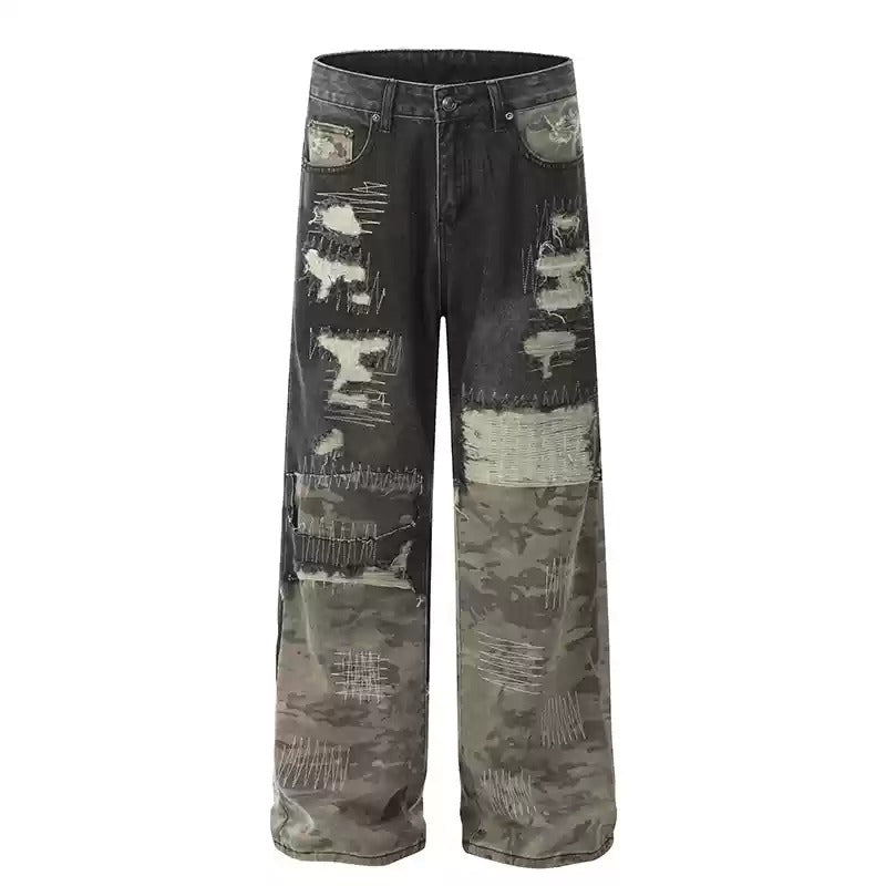 Camouflage Stitched Damage Loose Jeans MB7257