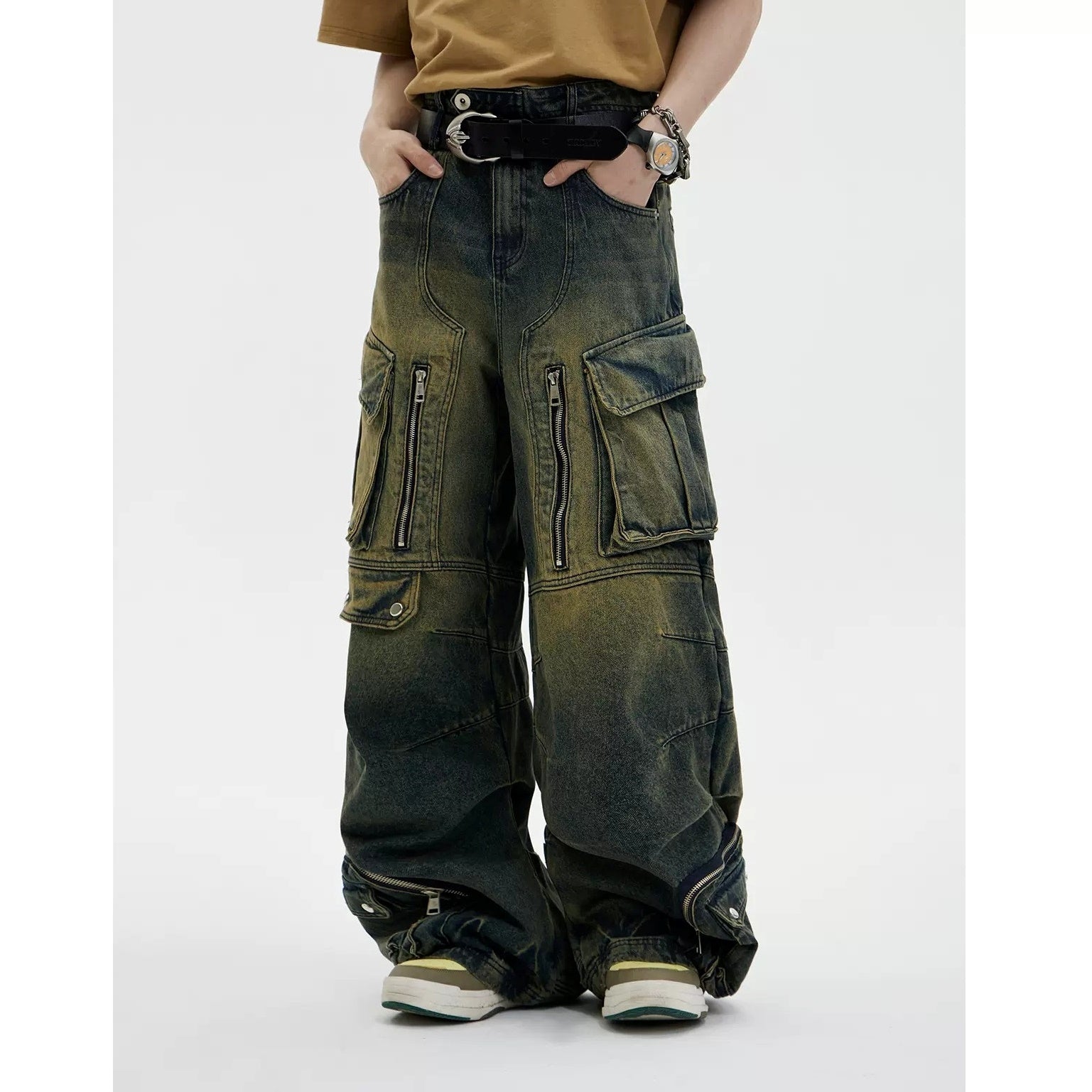 Wide-leg Double Pocket Cargo Jeans MB7028