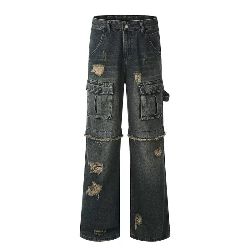 Raw Edge Stitched Ripped Cargo Jeans MB7041