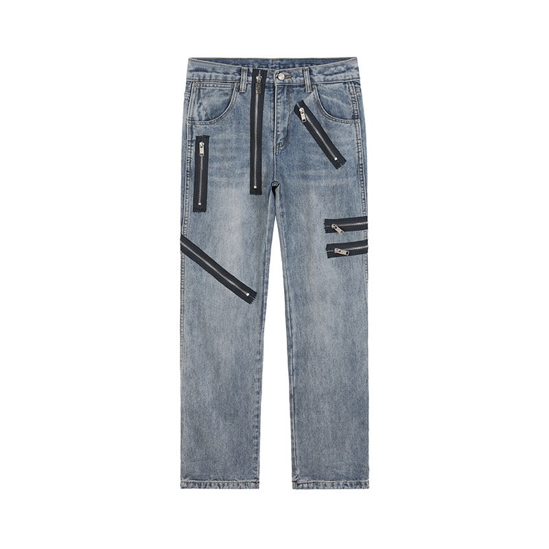 Multi-zip Wash Straight Jeans R9001