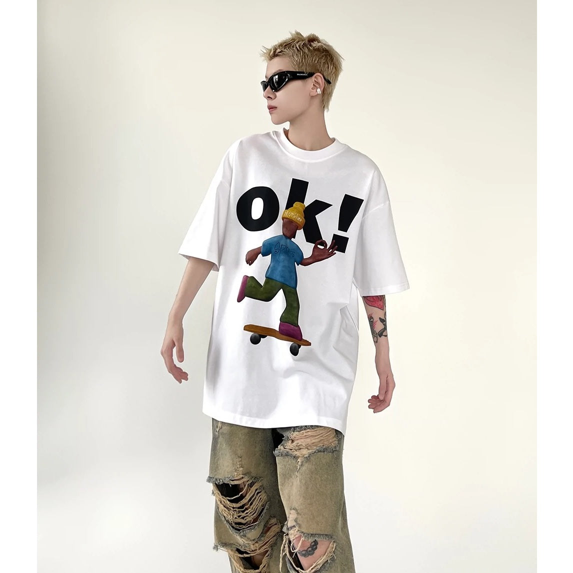 Skateboard Cartoon Print Loose T-Shirt EAT017