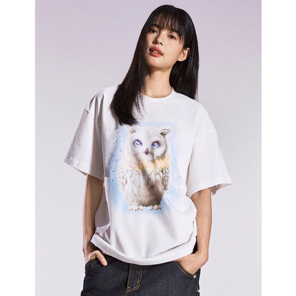 Owl Rhinestone Loose T-shirt MB7361