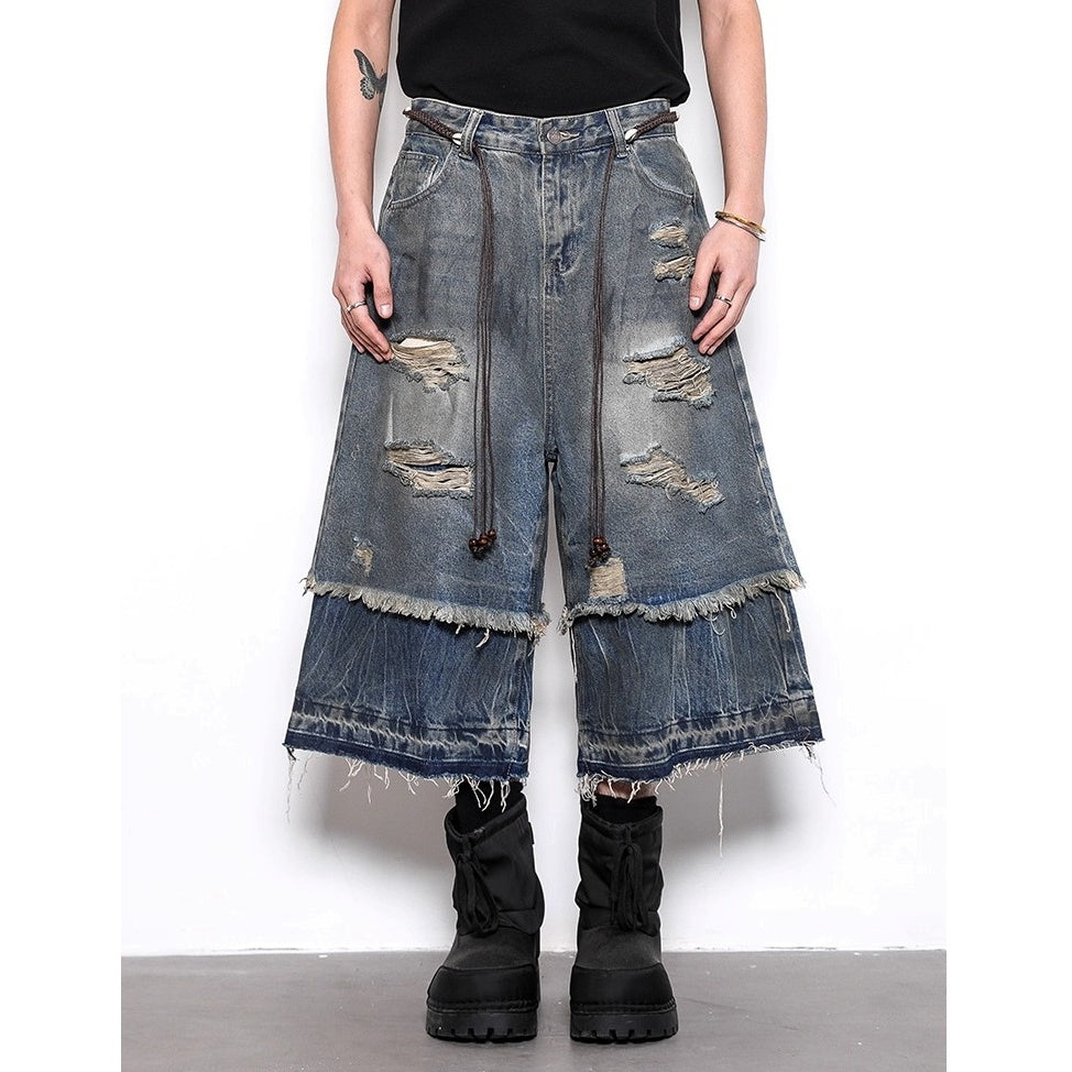 Fake Two-piece Distressed Ripped Cropped Jeans BL1021