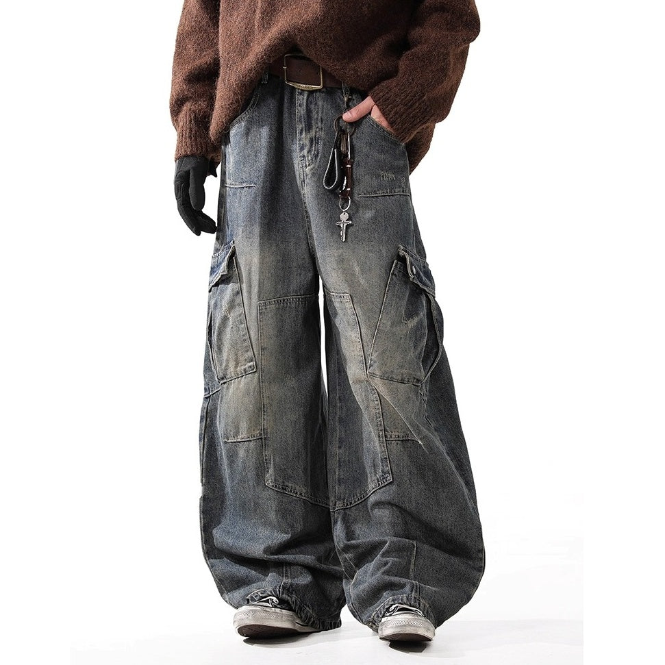 Distressed Washed Patch Curve Cargo Jeans BL1036