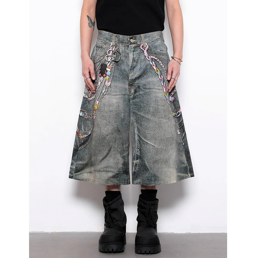 Chain Print Design Wide-leg Cropped Jeans BL1023