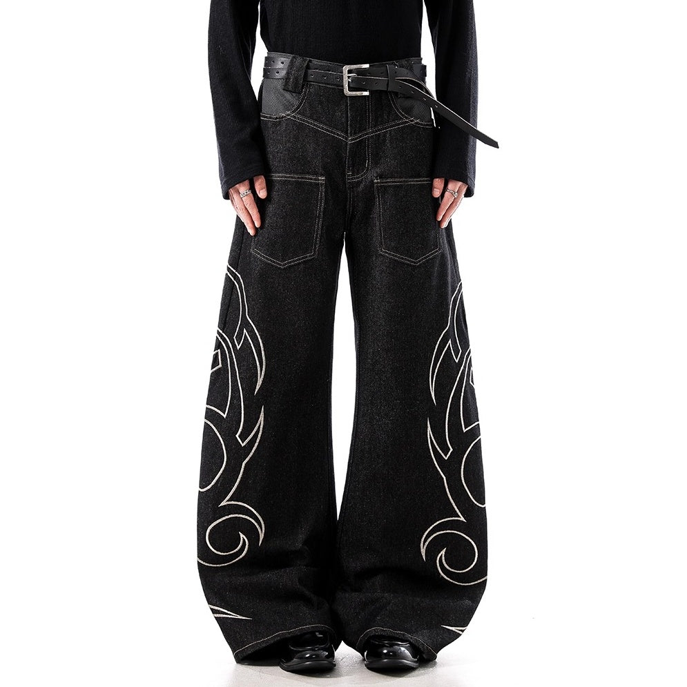 Cow Snake Print Embroidered Wide Curve Jeans BL1052