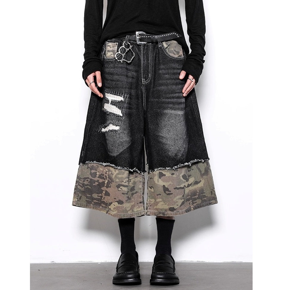 Panelled Ripped Camouflage Cropped Jeans BL1001