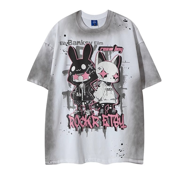Washed Distressed Cartoon Anime Print T-shirt NH7004