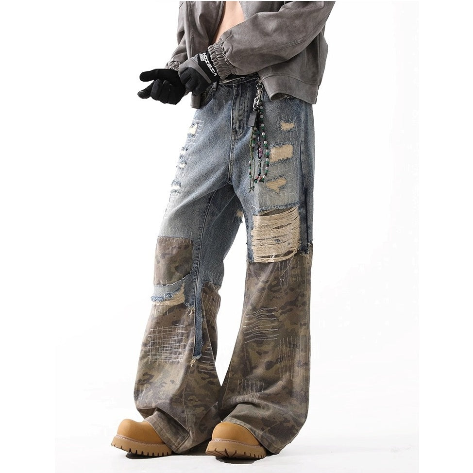 Ripped Camouflage Stitched Bootcut Jeans BL1038