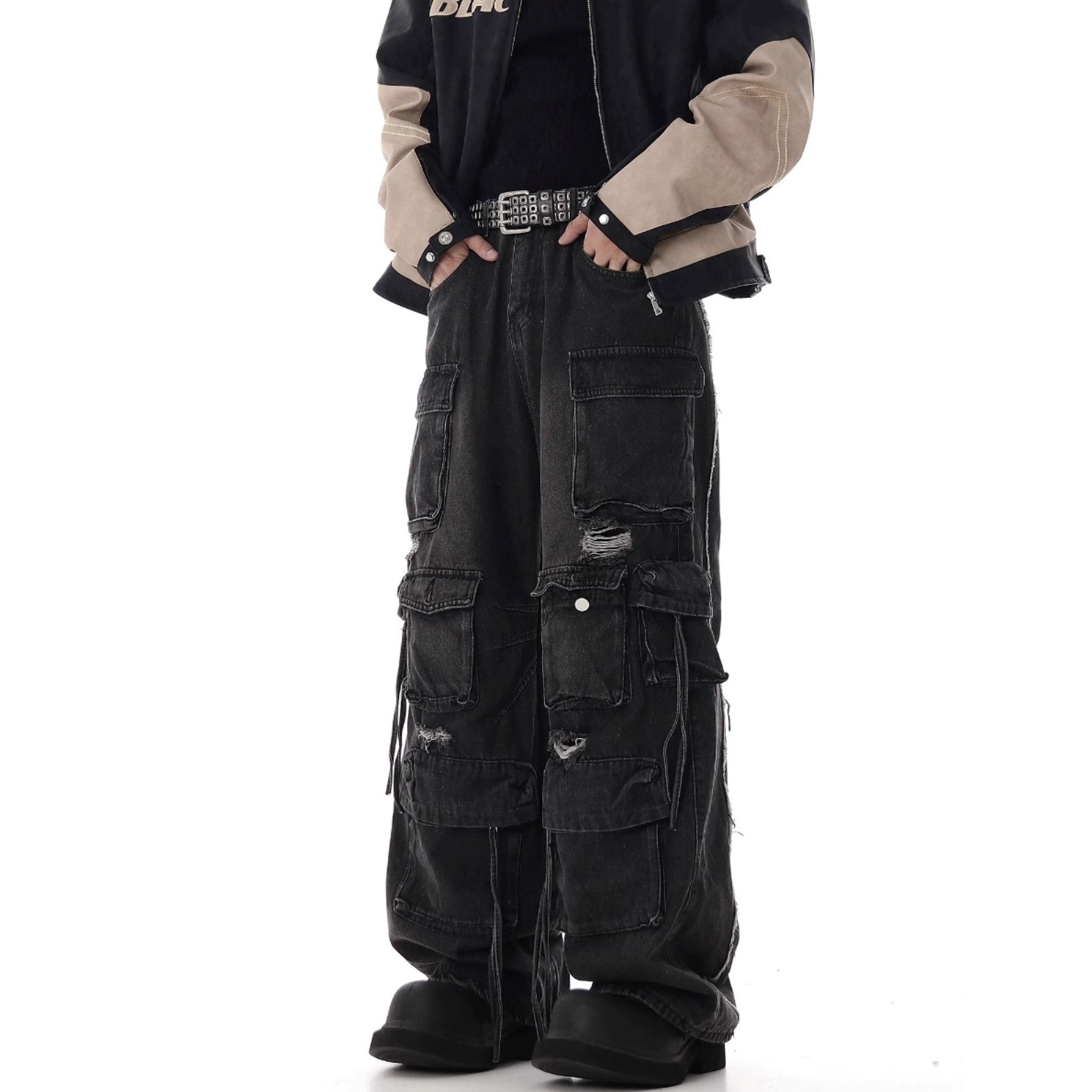 Heavy Washed Ripped Cargo Jeans MB7375