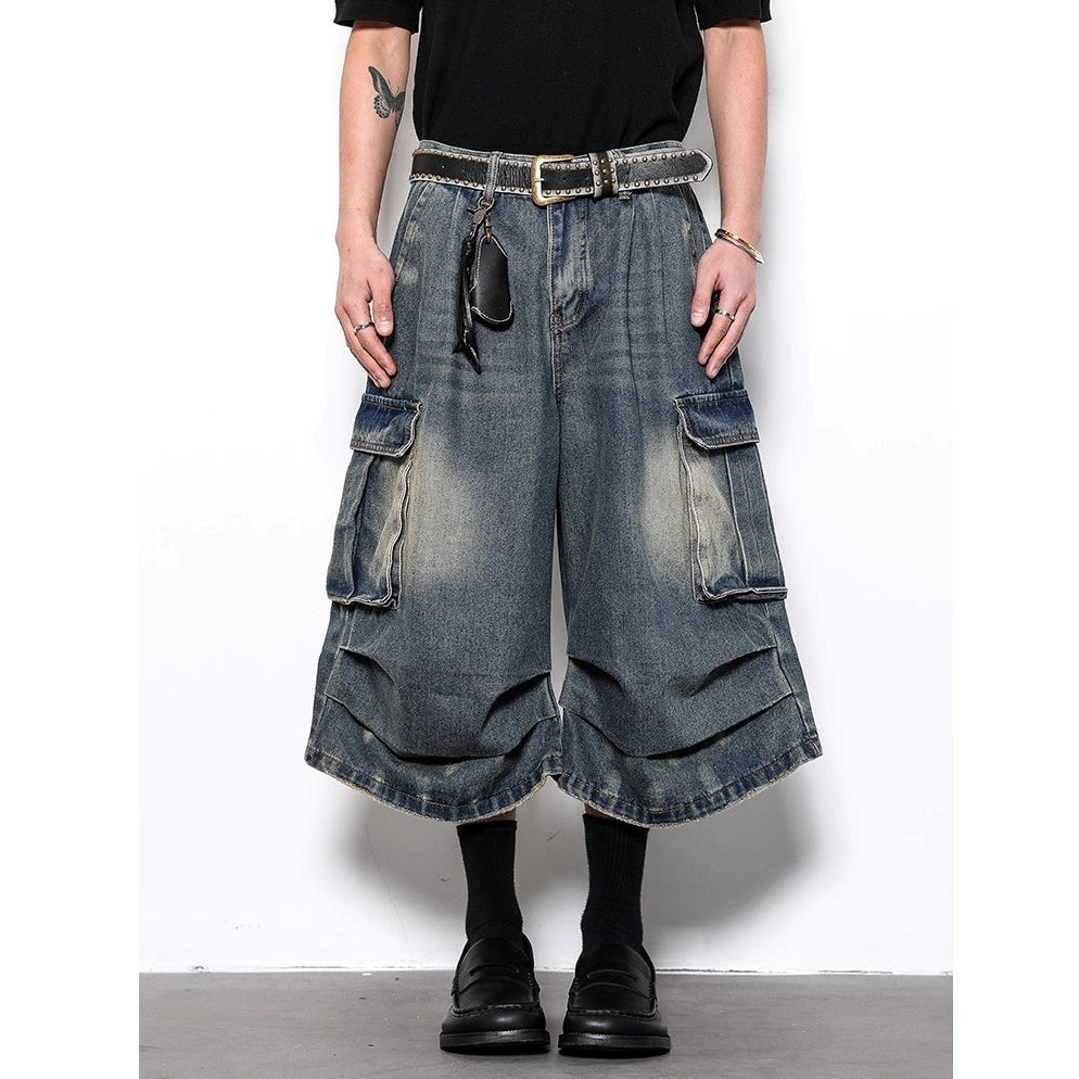 Washed Pleated Cropped Cargo Jeans BL1003