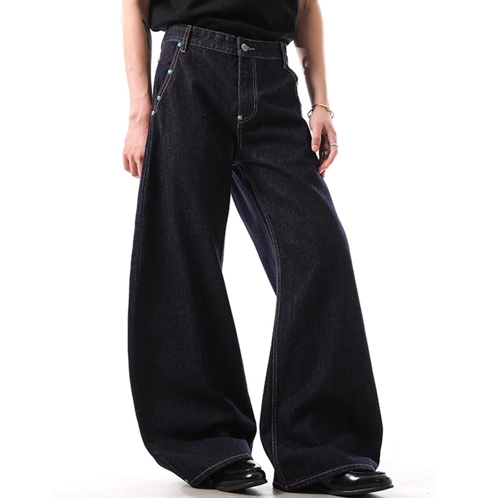 Turquoise Color Button Loose Curve Jeans BL1004