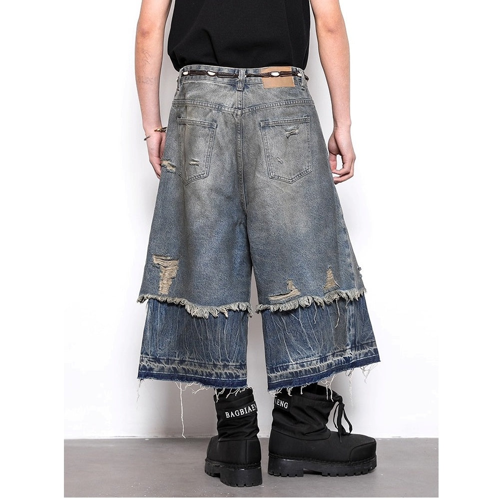 Fake Two-piece Distressed Ripped Cropped Jeans BL1021